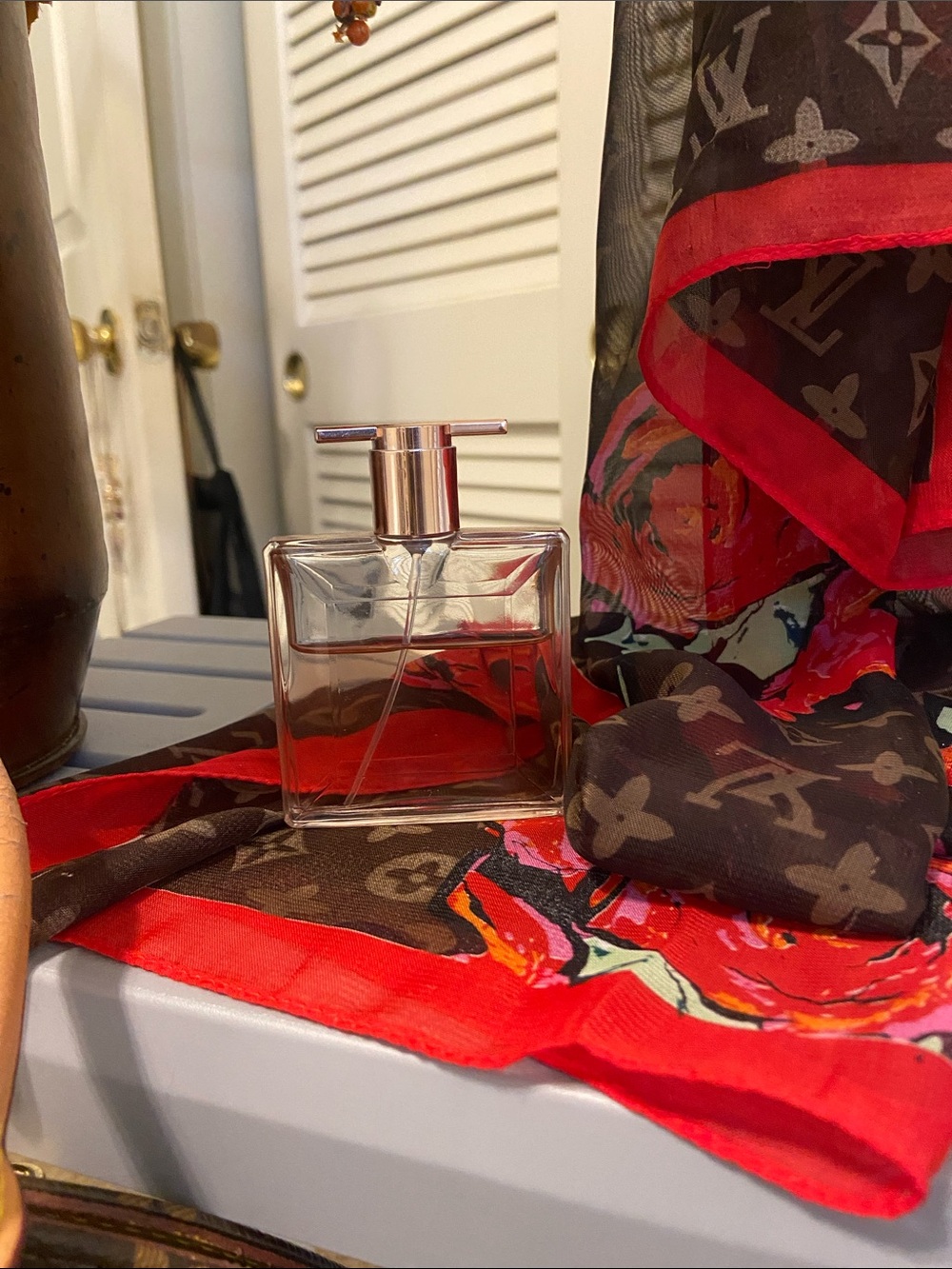 Lancome Brown and Red Floral Logo Face Mask Scarf